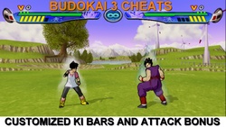 Videl avec 6 grosses barres de ki (Code de triche qui change la puissance des personnages du jeu Dragon Ball Z Budokai 3).