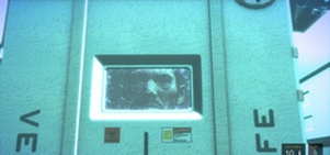 Adam Jensen's body inside the cryogenic box found inside Versalife's corporate vault (lightened with an EMP grenade for a better view).