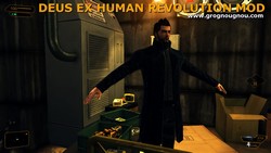 Fully human Adam Jensen summoned in Sarif HQ's Helipad storage room.