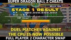 This cheat code for Super Dragon Ball replaces the player 2 by a given character, adding duel matches against the CPU.