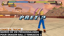 Android 18 and Mister Satan are ready to fight in the World Tournament (Game : Dragon Ball Z Budokai Tenkaichi 3 with cheat codes : Both characters have a customized numbers of lifebars and ki bars).