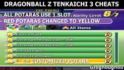 Red potaras changed into yellow potaras + all potaras use only 1 slot (Tenkaichi 3 cheat codes).