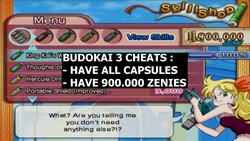 Code pour Budokai 3 qui débloque toutes les capsules et donne 900000 zenies au joueur.