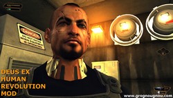 Jaron Namir in Sarif HQ's helipad storage room (Character swap mod in Deus Ex Human Revolution).