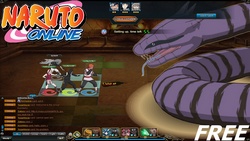 Naruto, Sasuke and Sakura vs a serpent invocated by Orochimaru in the game Naruto Online.