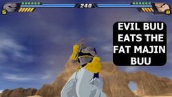 Buu (Pure Evil) uses a customized animation (where he eats the Fat Majin Buu) to transform into Super Buu (Dragonball Z Tenkaichi 3 mod).