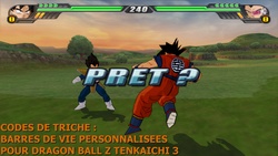 Goku affronte Vegeta lors de son arrivée sur terre avec Nappa (Jeu : Dragon Ball Z Budokai Tenkaichi 3, mais avec des codes qui donnent un nombre de barres de vie personnalisées aux personnages).