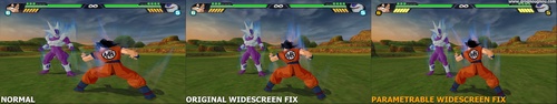 What the widescreen fix patch for Tenkaichi 3 changes : Showcase with Goku and Final Form Cooler on the map "Plains - Evening".
