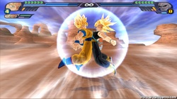 Goku and Future Trunks merge with the potaras in Super Saiyans (DBZ Tenkaichi 3 Fusion Mod).