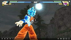 Goku blue SSJ with a tail uses an energy ball to transform into a SSJGSS Blue Oozaru (DBZ Tenkaichi 3 Mod).