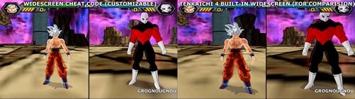 Comparision between the Widescreen Cheat Codes for Tenkaichi 3 and the Built-in Widescreen Hack from the Mod Tenkaichi 4.